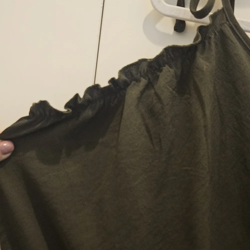 Surplice High Waist Cold Shoulder Strap Jumpsuit Wmn's M Olive Green Flattering - Picture 5 of 9